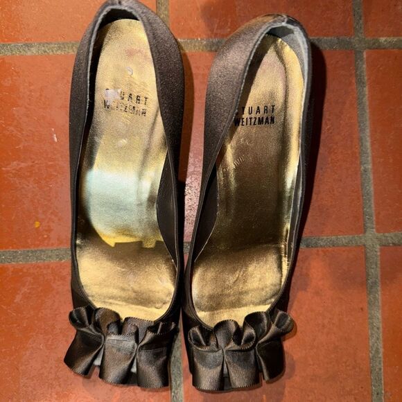 Stuart Weitzman Brown Satin Peep-Toe Heels with Ruffle - Picture 6 of 11